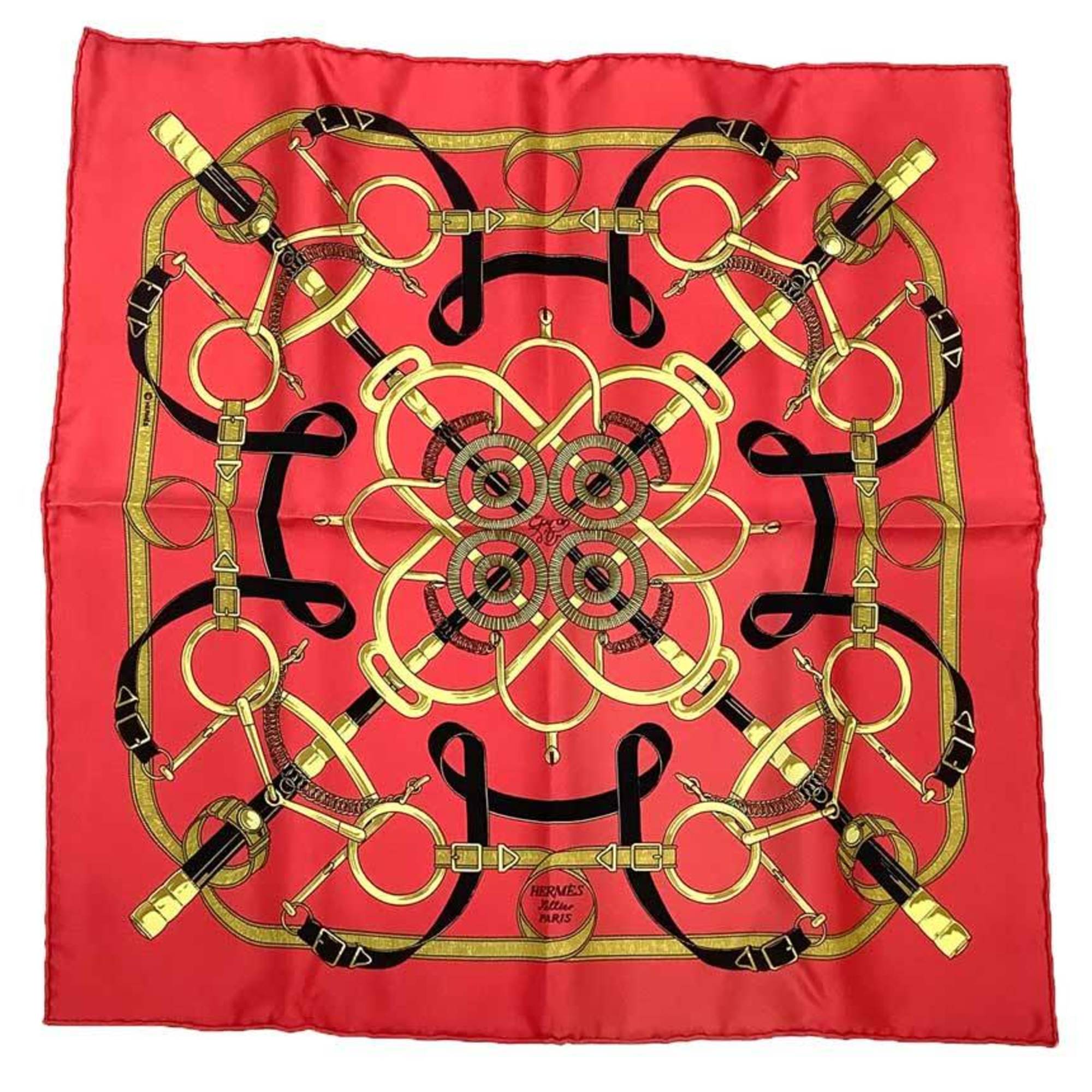 HERMES CarrÃ© 45 Gavroche Scarf/Muffler Eperon d’or with Golden Spurs, Red, 100% Silk