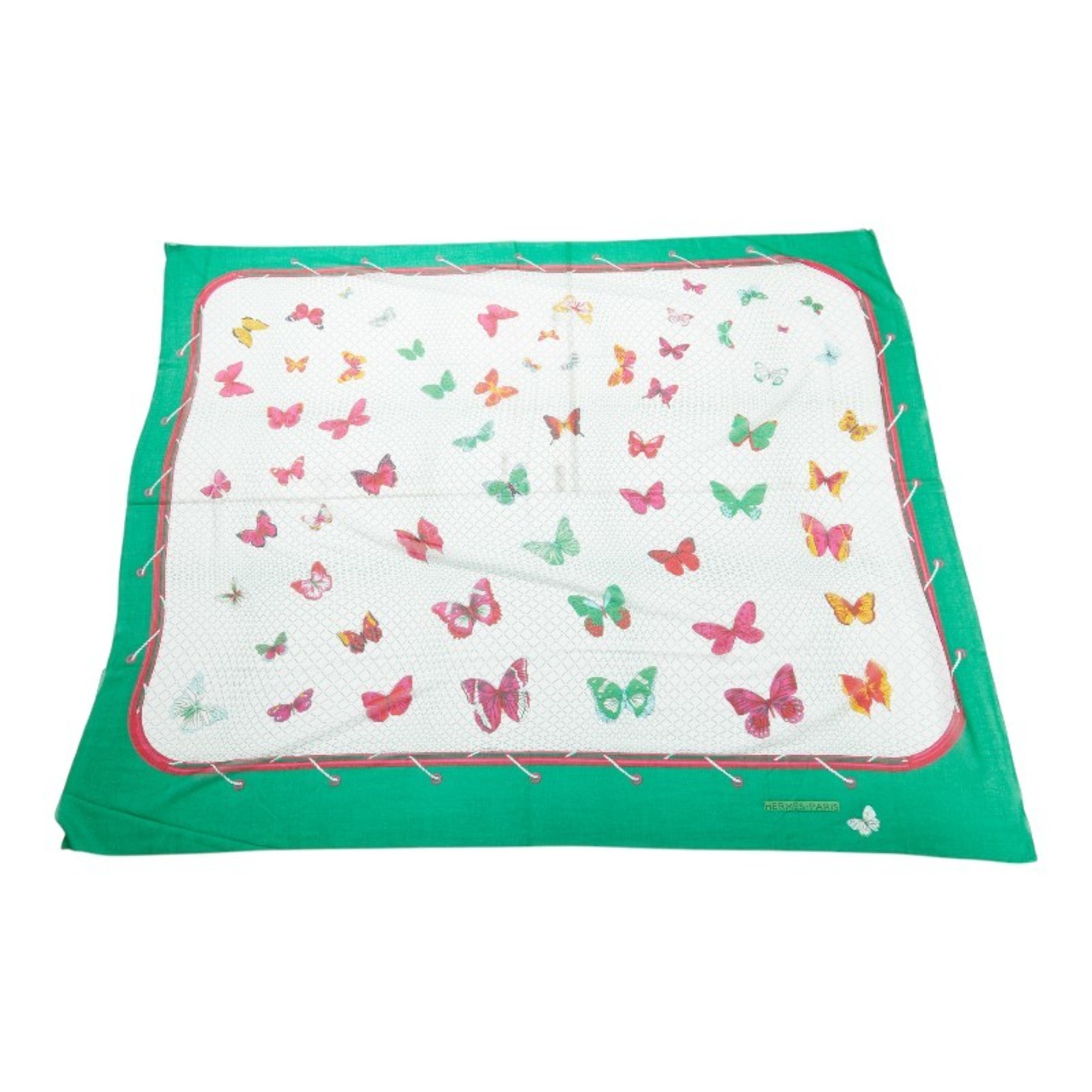 Hermes Carre Gean 140 FARANDOLE Provencal Dance Butterfly Scarf Muffler Green Cotton Women’s HERMES
