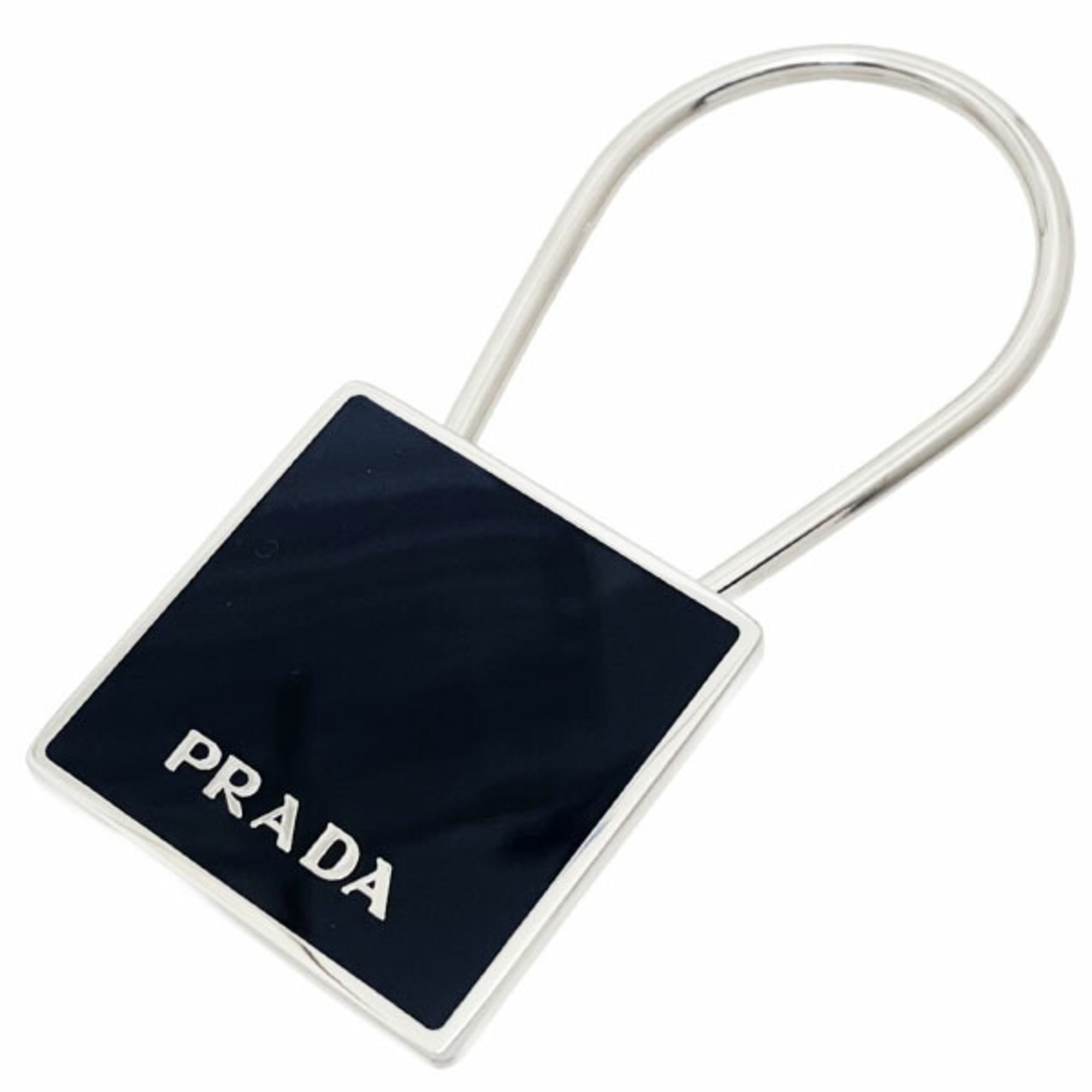 Prada Square Keychain, Black Metal Key Ring, M715, PRADA Hook, Charm, Bag Unisex, Men’s, Women’s, NERO, SYN-16096