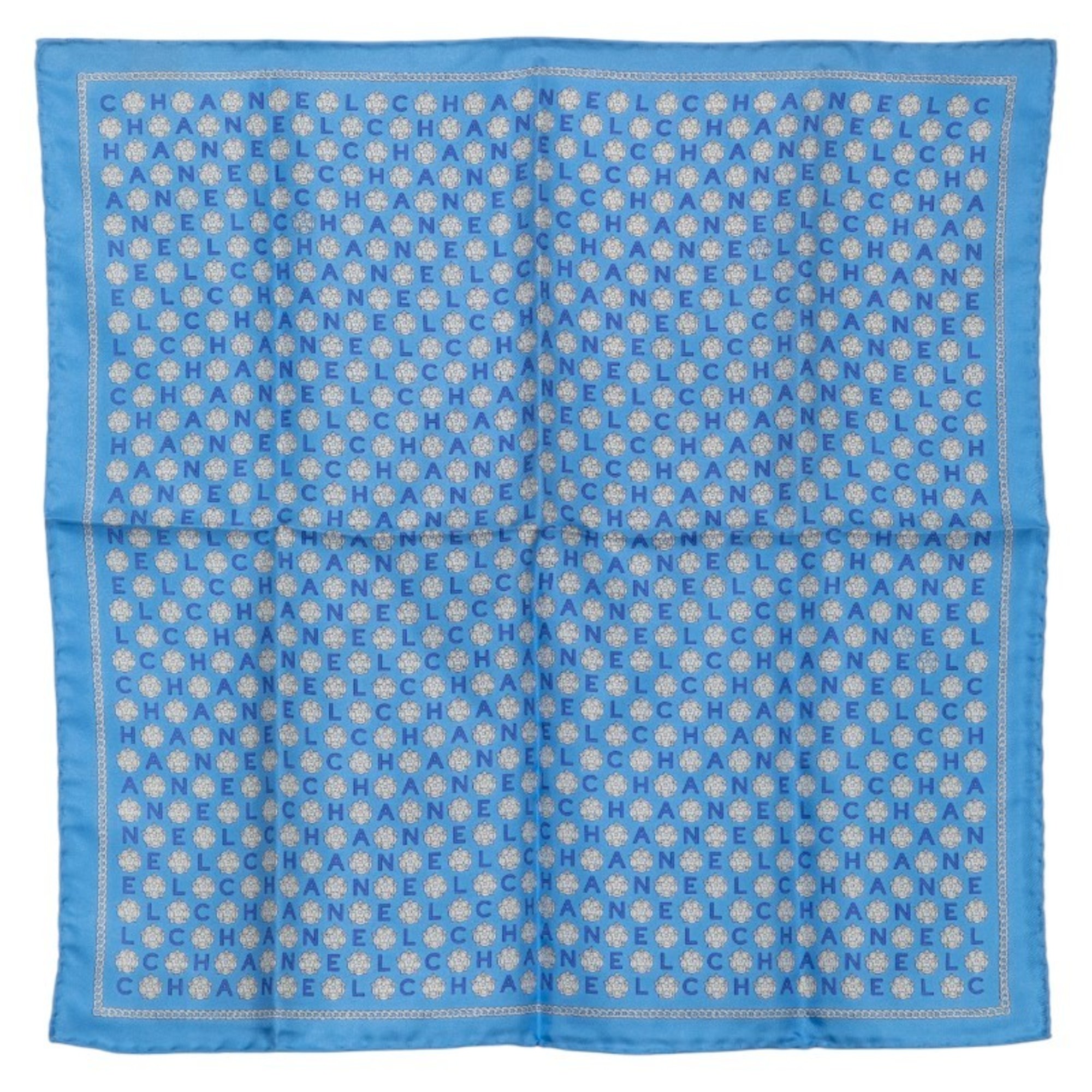 CHANEL logo handkerchief scarf muffler in blue and white silk for women