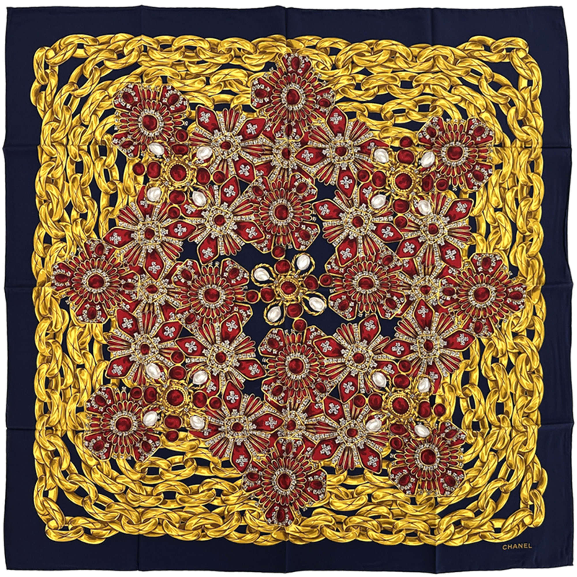CHANEL Cambon Matelasse Scarf, Women’s Silk, Navy, Yellow, Red, with Beaded Chain