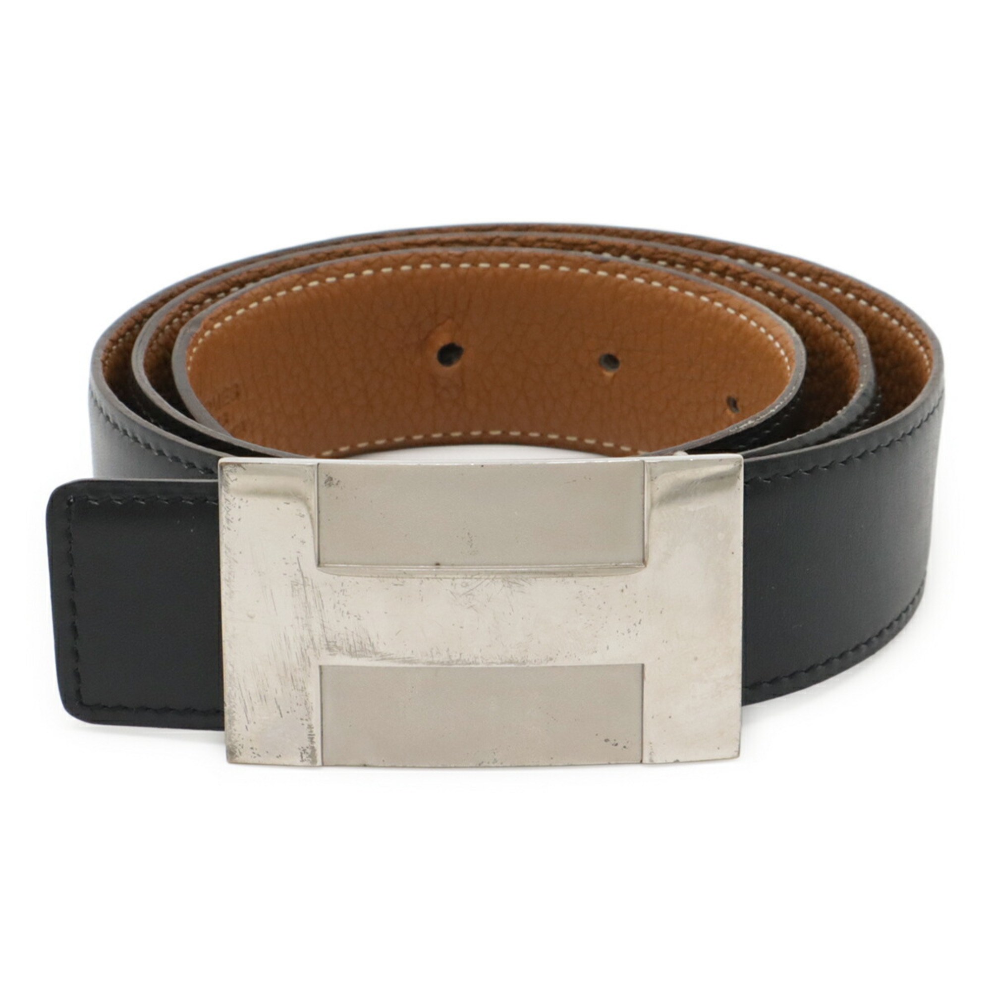 HERMES H-Plate Belt, Reversible, Box Calf Togo Leather, Black, Brown, #80, Engraved with L