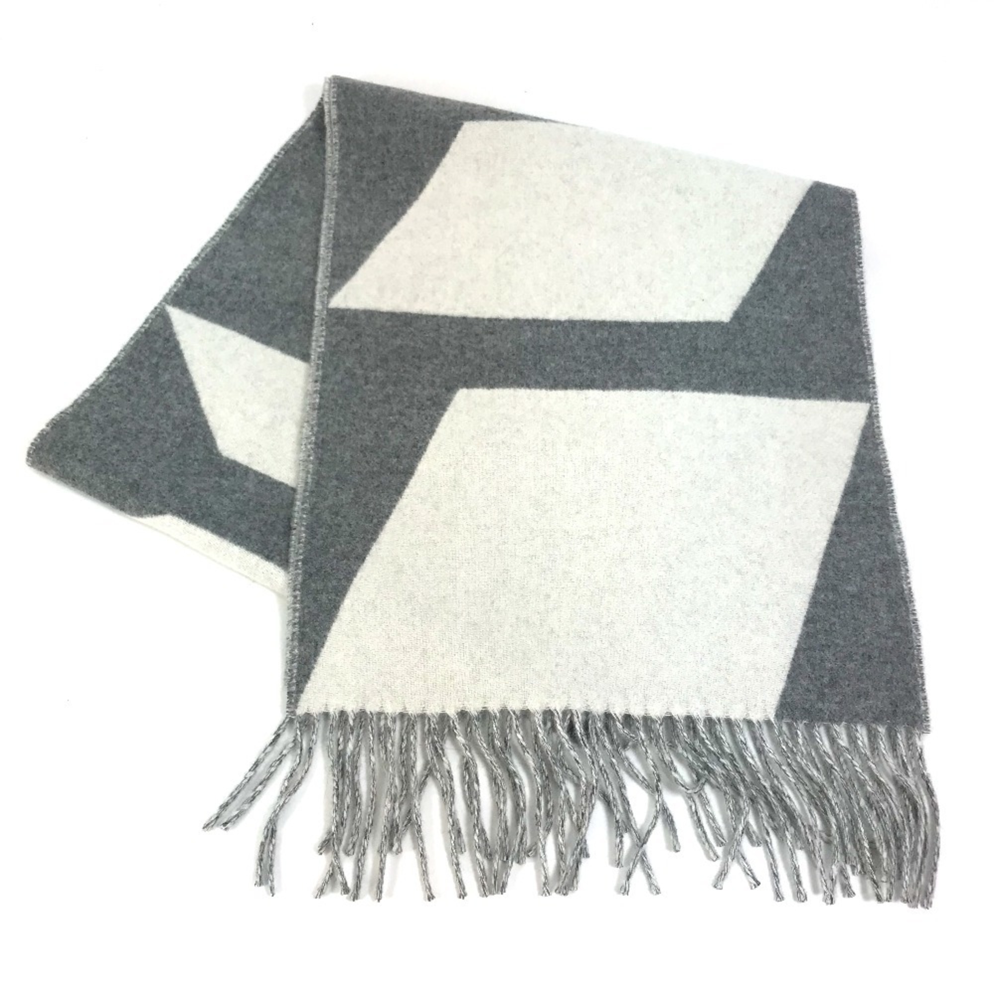 HERMES Kazak Optic Fringe Two-Tone Cashmere Scarf for Women, Gray and White