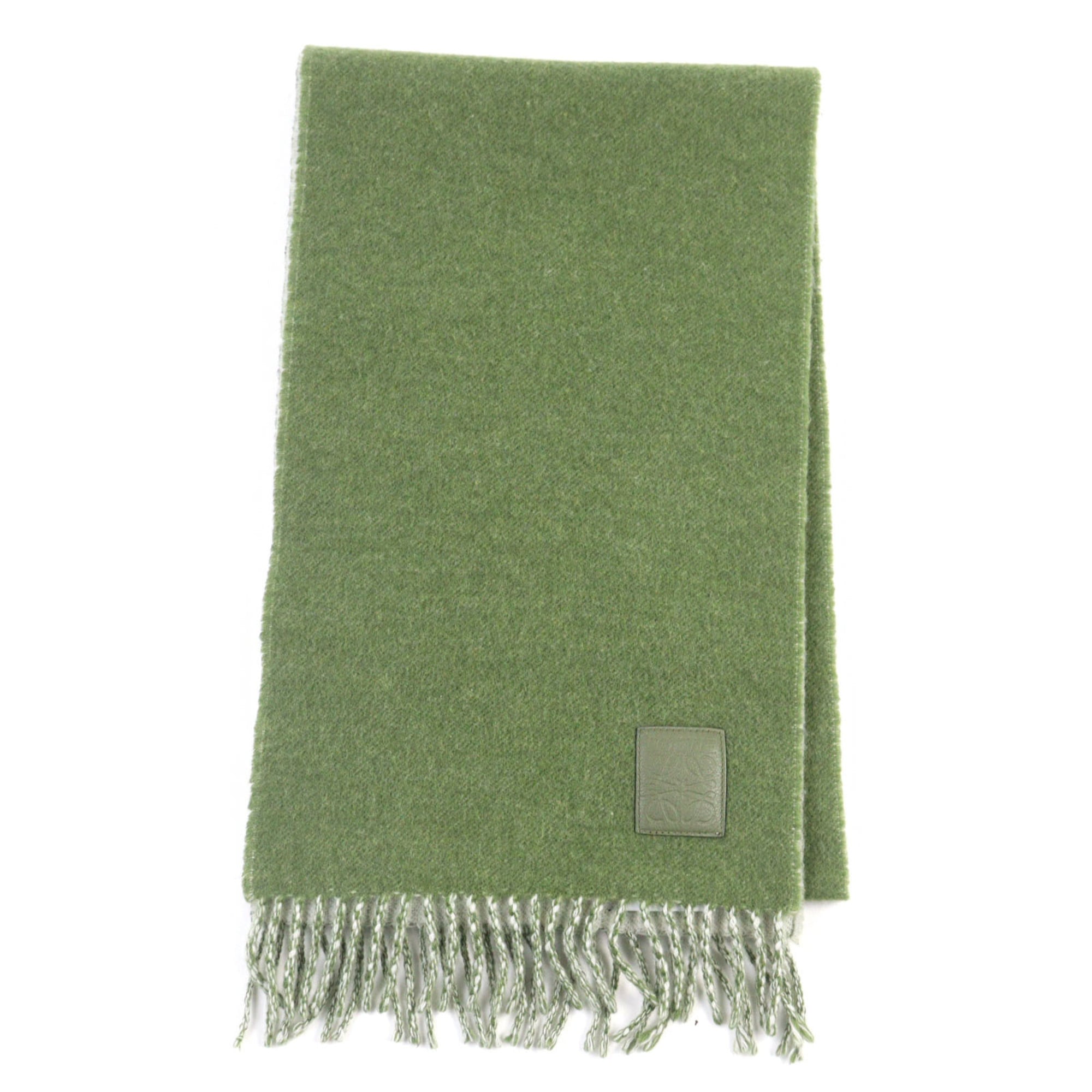 LOEWE reversible wool and cashmere scarf with Anagram logo leather patch. Available in khaki green beige gray. Made England. Authentic. For men women.