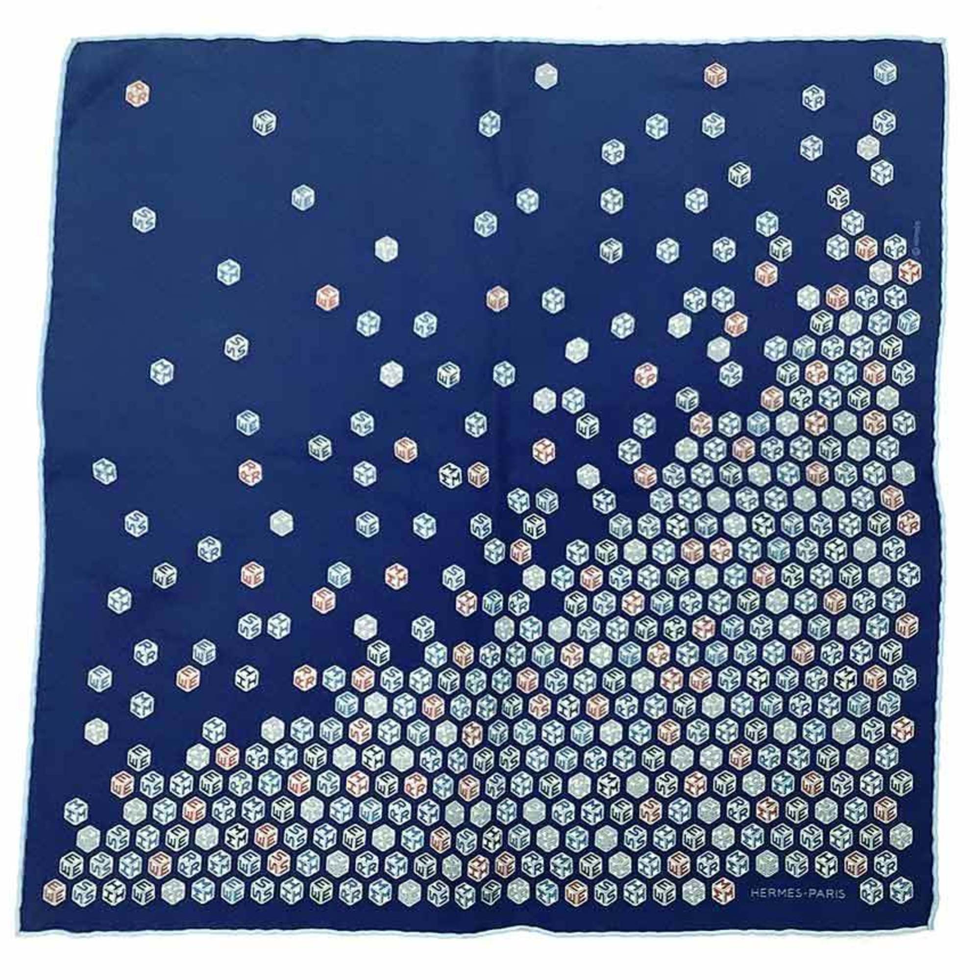 Hermes HermÃ¨s Petit CarrÃ© 40 Pocket Square Scarf/Muffler, POCHETTE TWILL, Dice Pattern, 100% Silk, Navy Blue, Neckerchief/Bandana, Men’s/Women’s