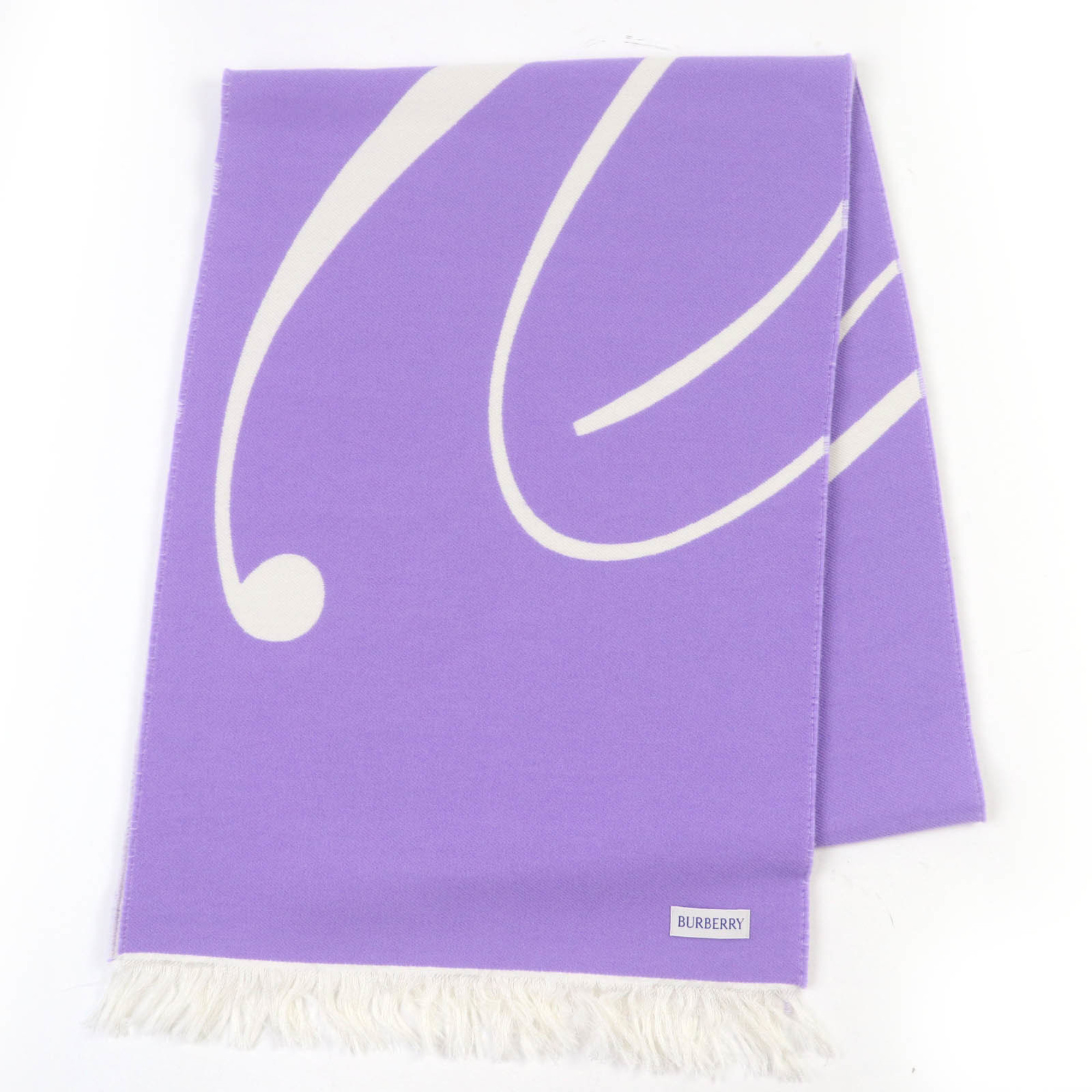 BURBERRY Wool and Silk Fringed Logo Scarf, Purple Ivory, 188 x 33cm, Made in Italy, Authentic, Women’s