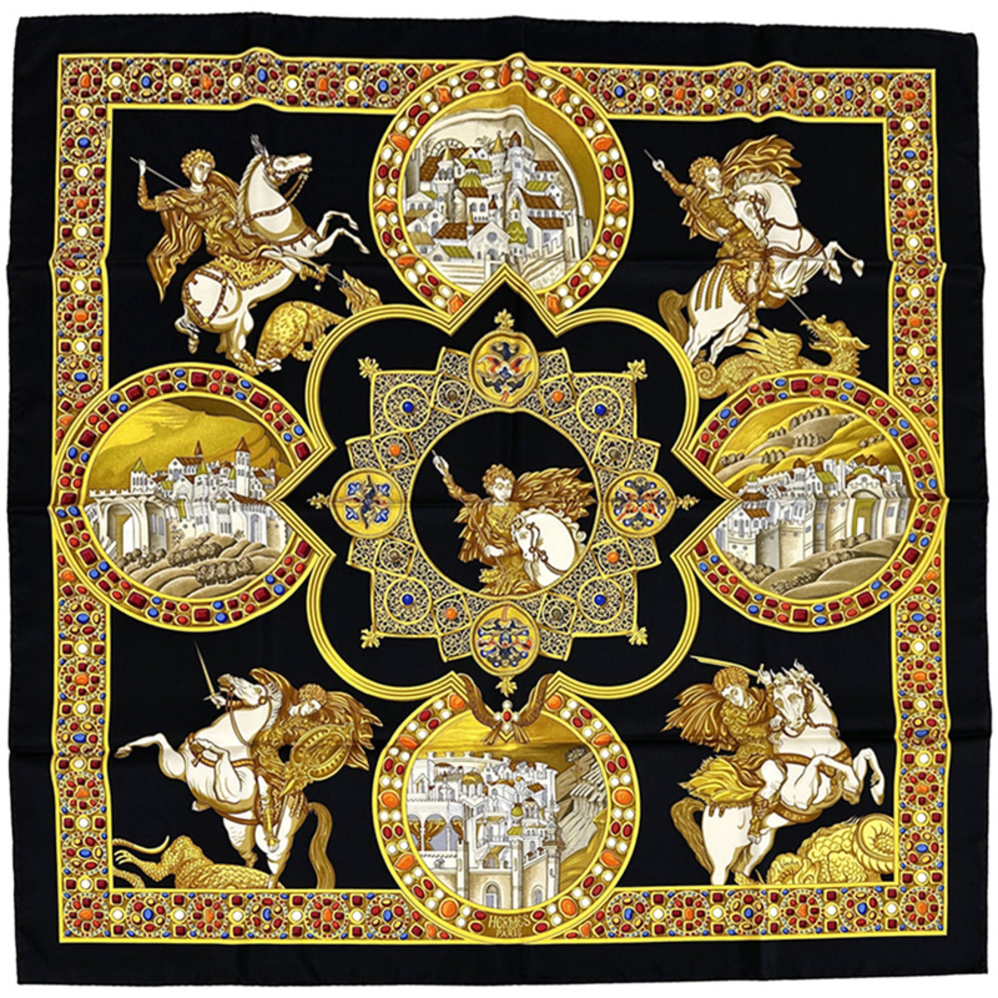 Hermes HermÃ¨s LE TRIOMPHE DU PALADIN scarf/muffler, CarrÃ© 90, representing the victory of Knight Justice. This large, silk scarf features a black and multicolored horse pattern.