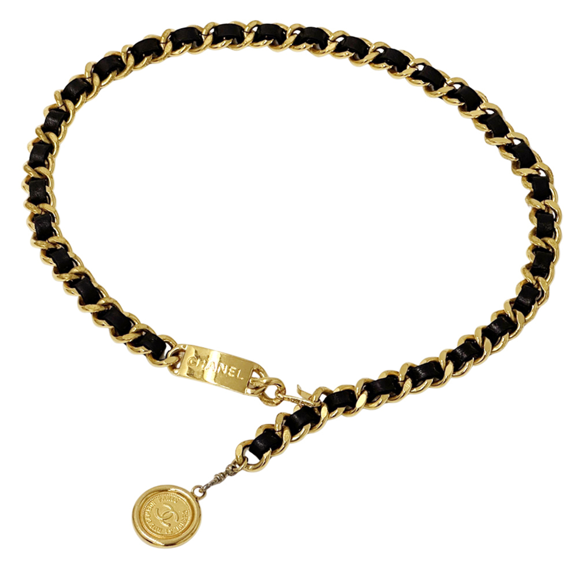CHANEL Cambon Belt Women’s Brand GP Leather Chain Gold Black Logo Plate Coco Mark Thick