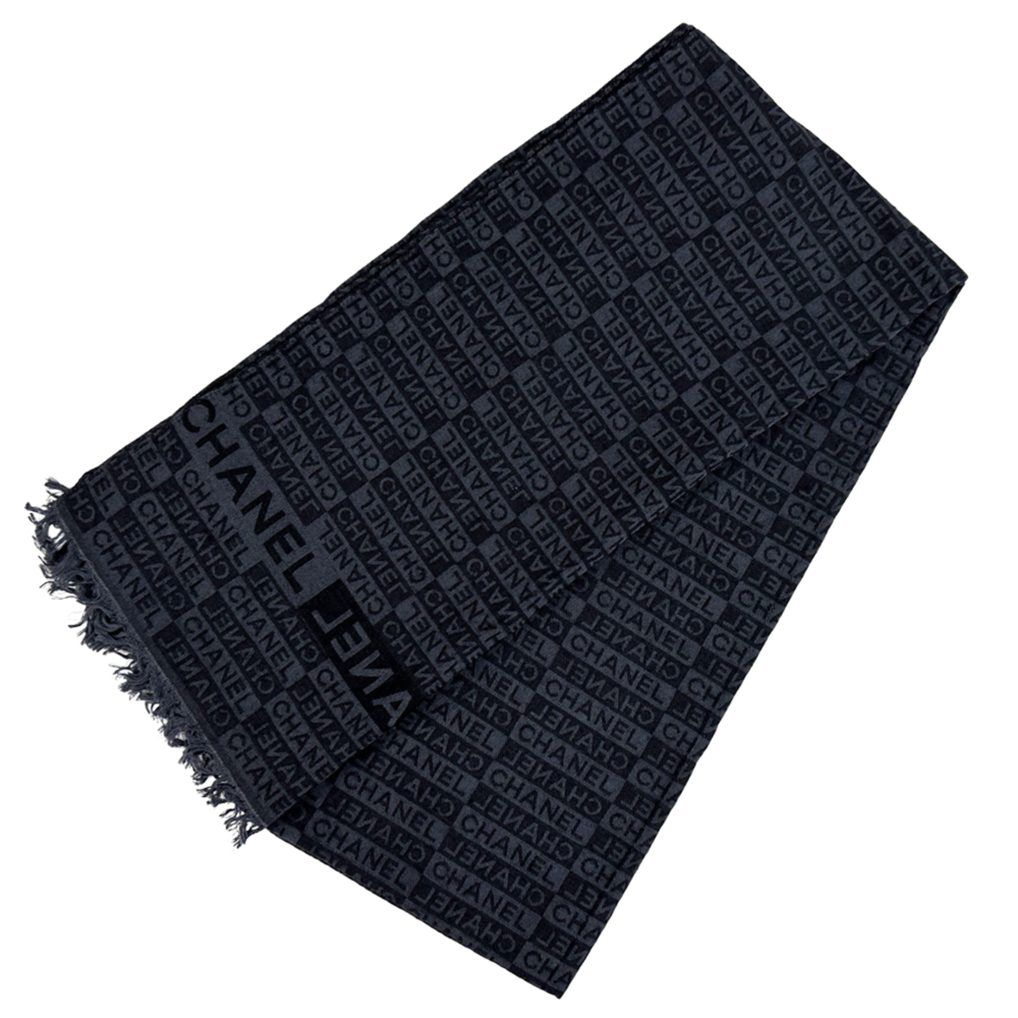 Chanel Men’s Scarf, Silk and Wool, Navy Blue Black, Logo, Thin Fringe