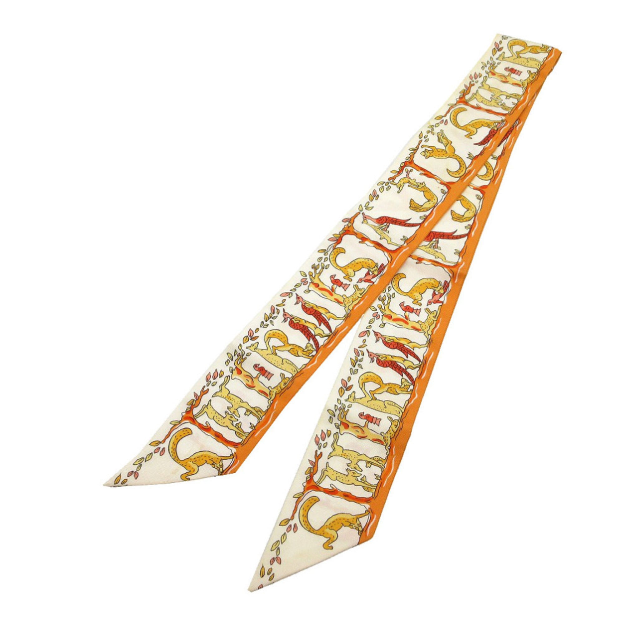 HermÃ¨s Twilly Alphabet 3 Forest Animals Scarf/Muffler Silk Orange/Cream/Red 1119 HERMES