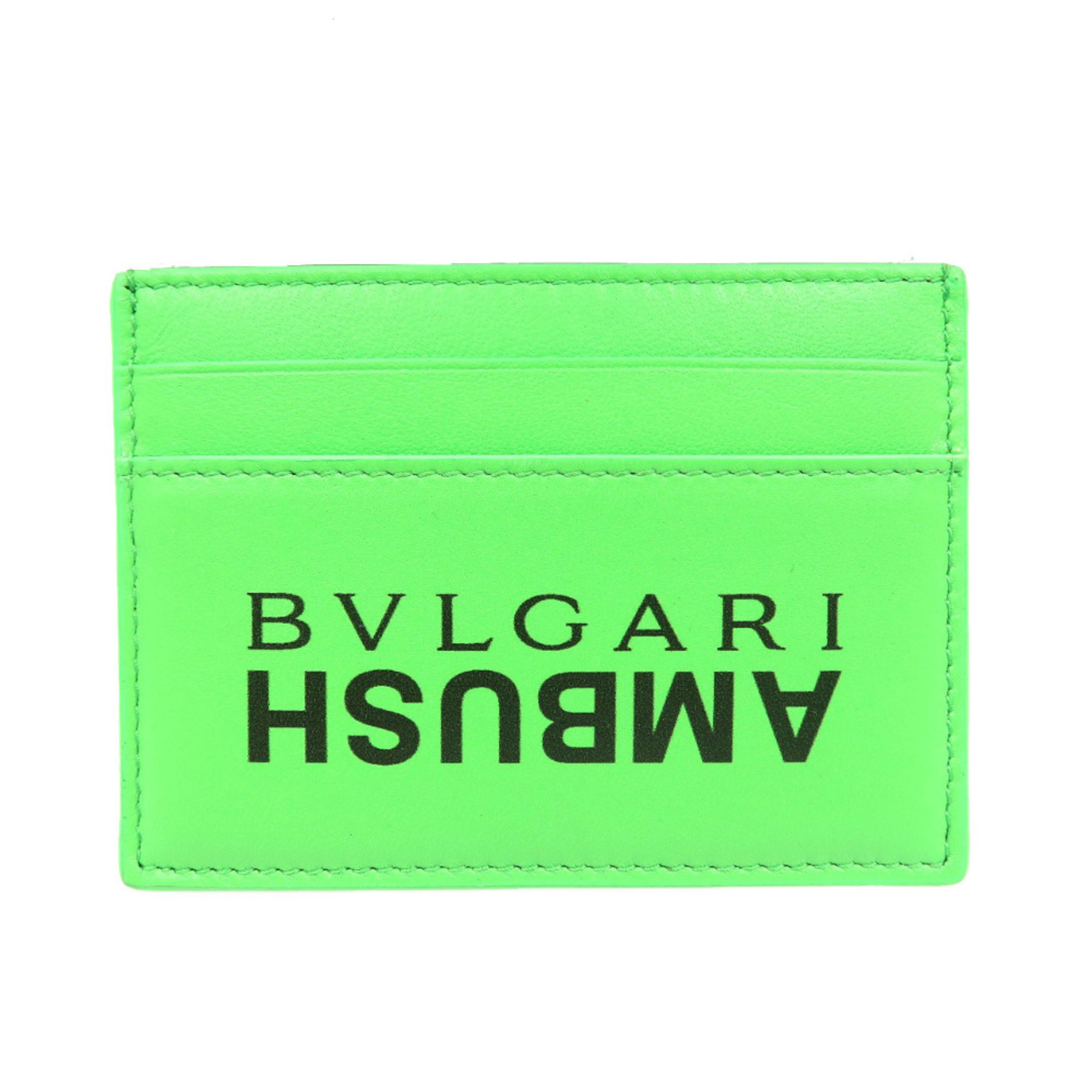 Unused Bvlgari Ambush collaboration leather card case with silver hardware in lime green (1400)
