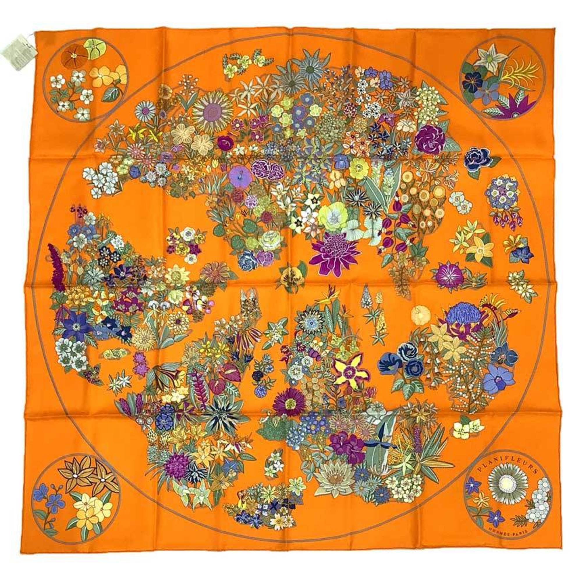HERMES Scarf/Muffler CarrÃ© 90 PLANIFLEURS H003965S 08 2023 Orange HG/ORANGE/VERT/FUCHSI 100% Silk