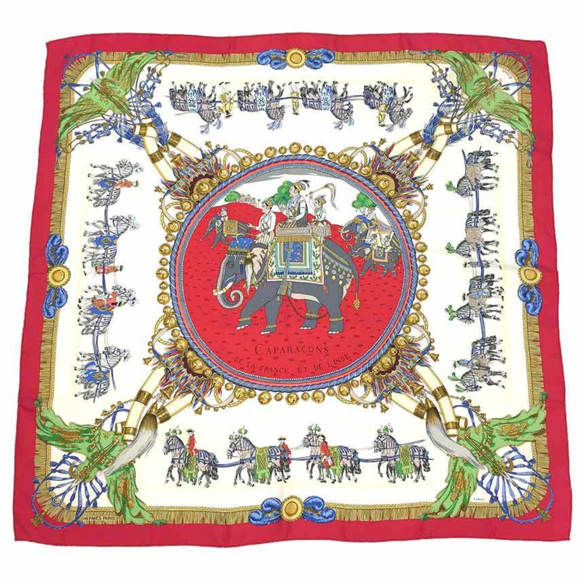 HERMES Hermes Carre 90 Scarf Muffler CAPARACONS DE LA FRANCE ET L’INDE Horse Ornament Elephant Ivory x Red 100% Silk