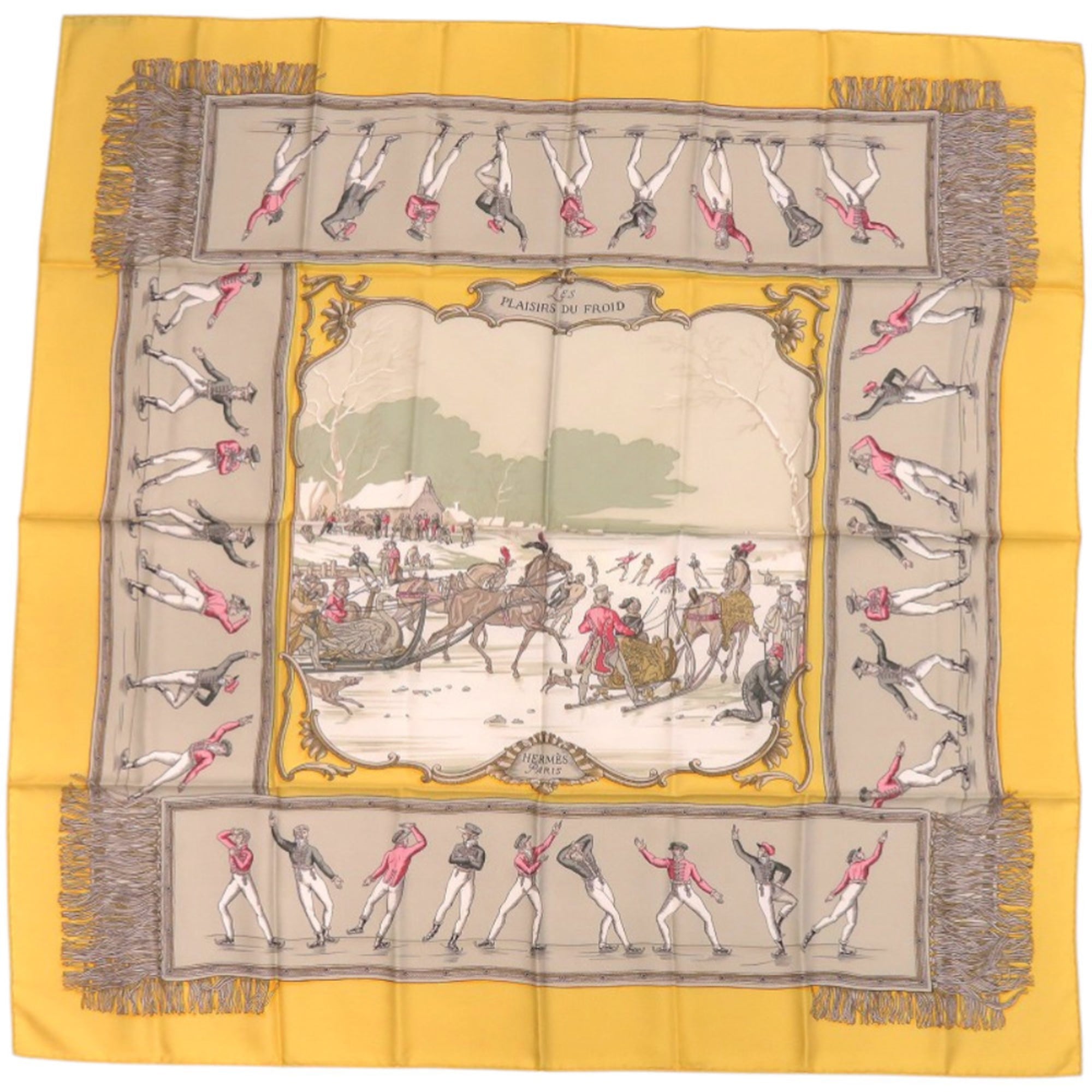 HermÃ¨s CarrÃ© 90 “Les Plaisirs du Froid” (Joys on Ice) Silk Yellow Scarf Muffler 0112 HERMES