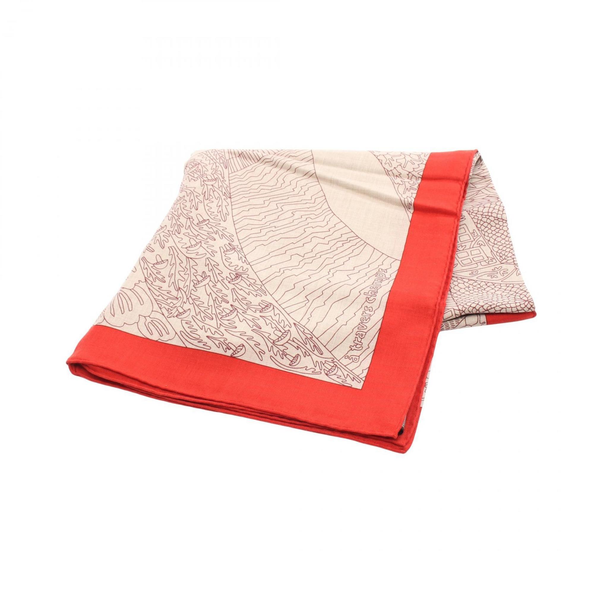 Hermes HermÃ¨s CarrÃ© Jean 140 A Travers Champs Scarf, Silk, Cashmere, Women’s, Red, Beige