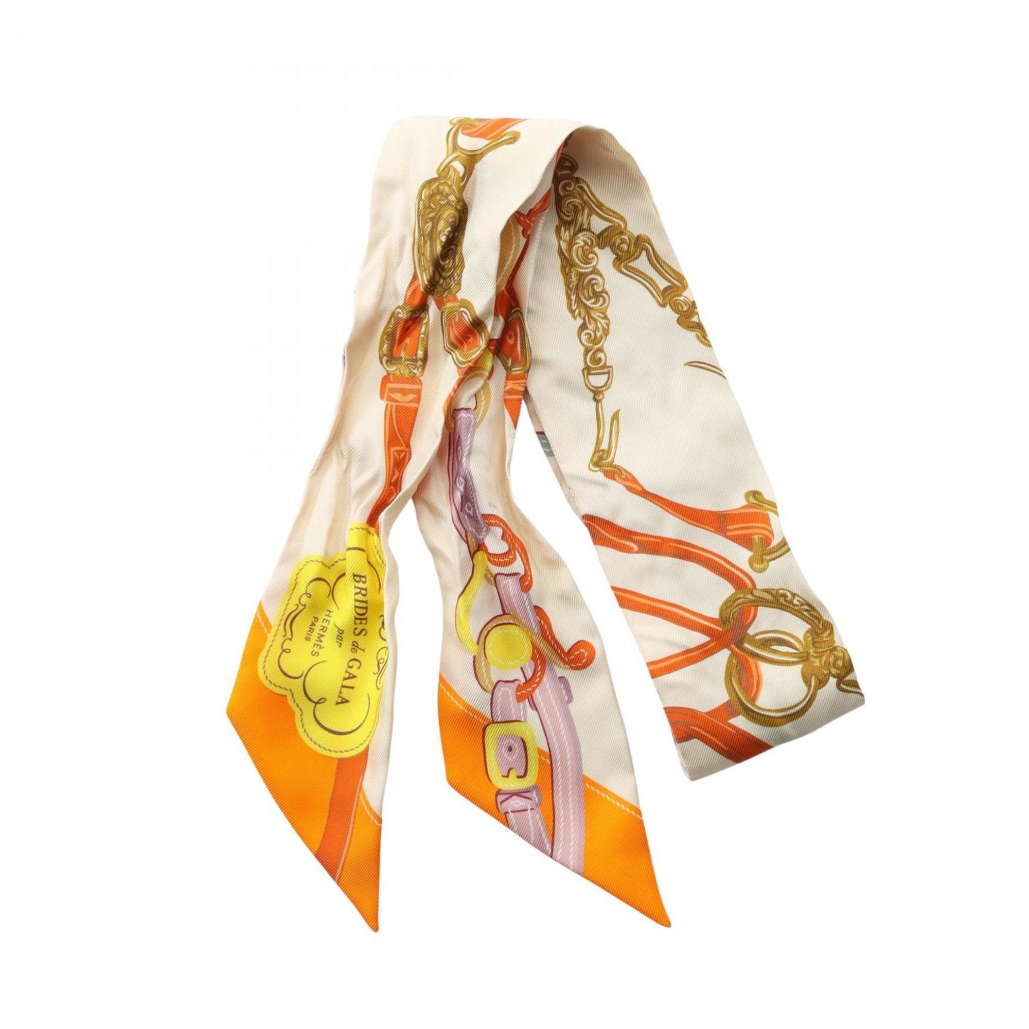 Hermes HermÃ¨s Twilly BRIDES de GALA Silk Scarf for Women, Beige, Orange, Multicolor