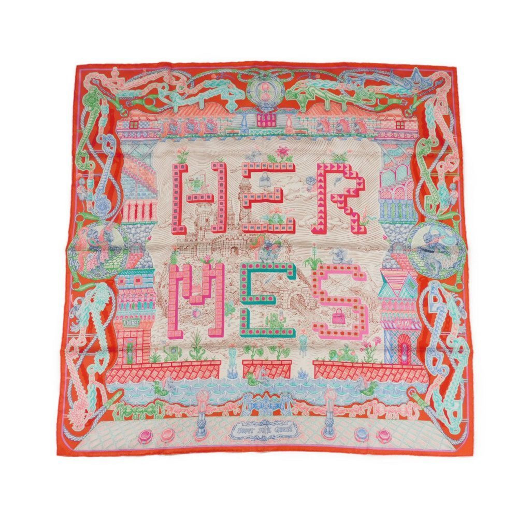 Hermes HermÃ¨s CarrÃ© 90 Scarf/Muffler in Turquoise, Rose, and Multicolor Character Design, Super Silk Quest, Rouge, Women’s