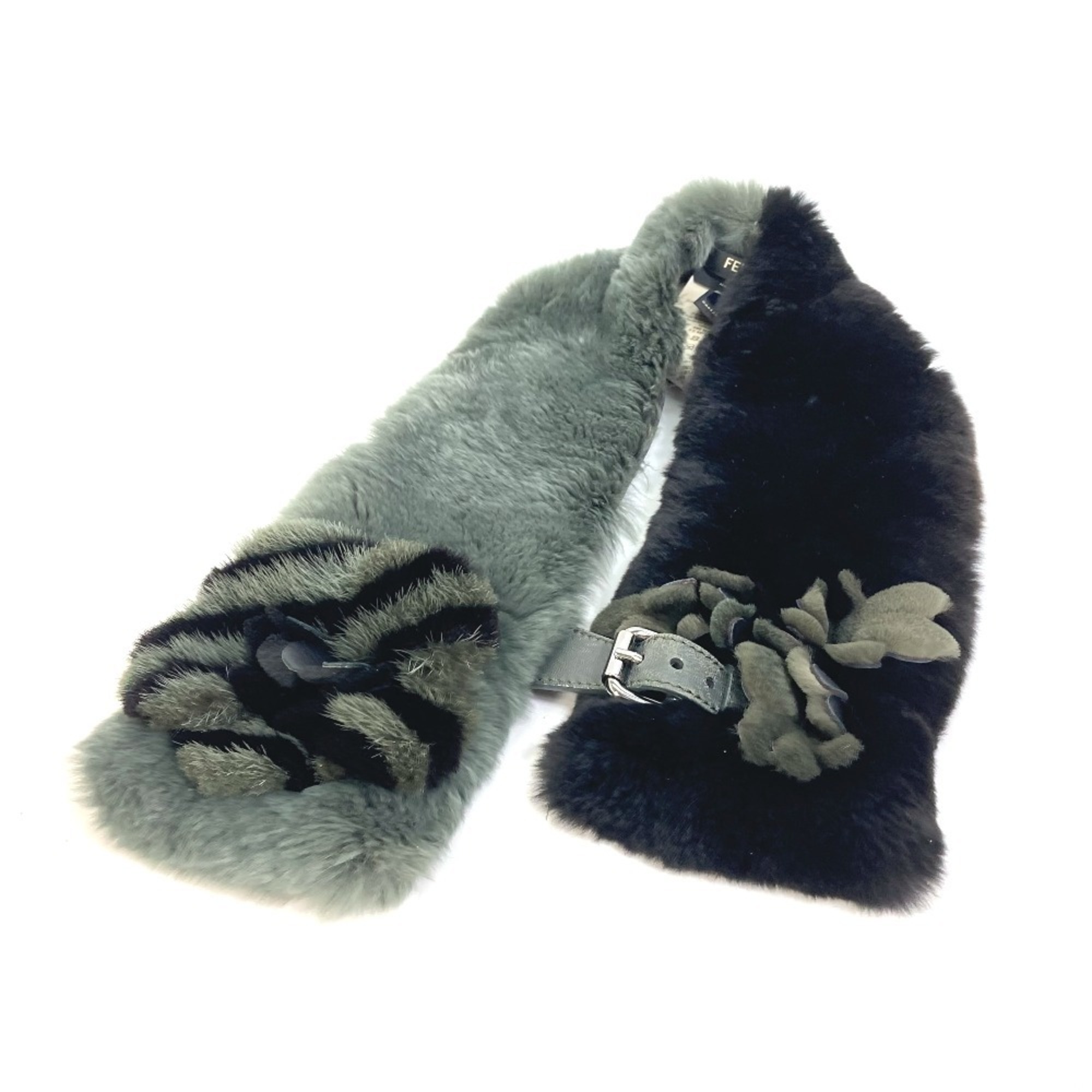 FENDI FNL133 Fur Flower Tippet Floral Print Scarf Mink/Orirug Women’s Green