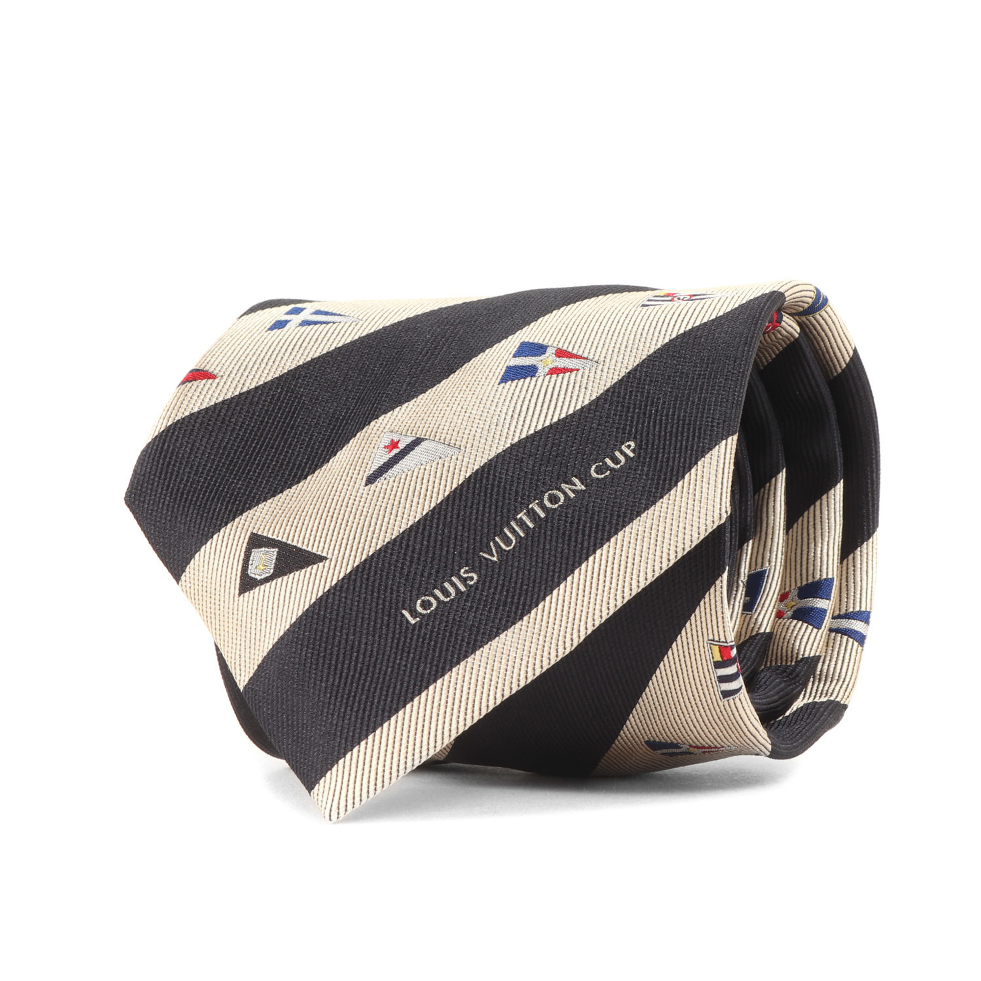 LOUIS VUITTON CUP Limited Edition Regimental Silk Cravat Tie in Beige with Flag Sail, Men’s, Like New, K4613