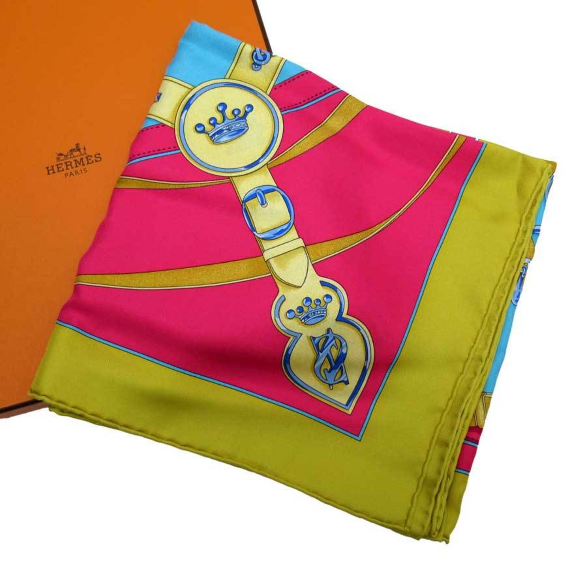 Hermes HERMES Scarf Carre 90 LA PROMENADE DU MATIN Morning Walk Blue Gold Pink 100% Silk