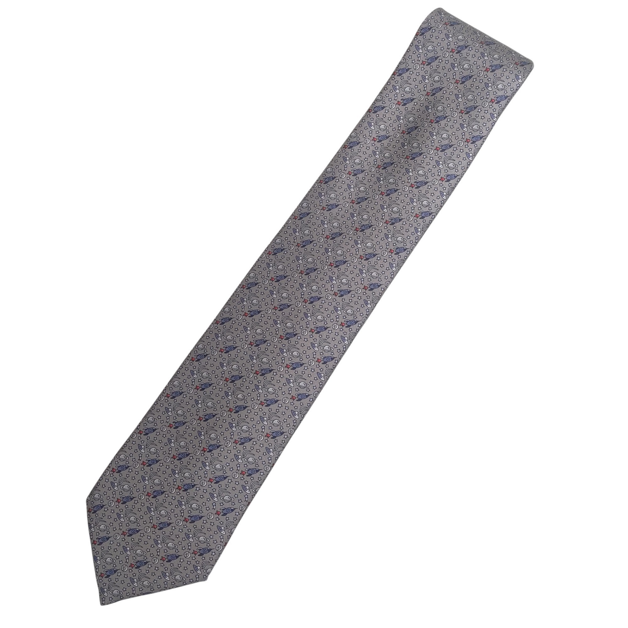 HERMES HermÃ¨s tie, unused, gray, space, UFO, rocket, and star pattern, JA-24424