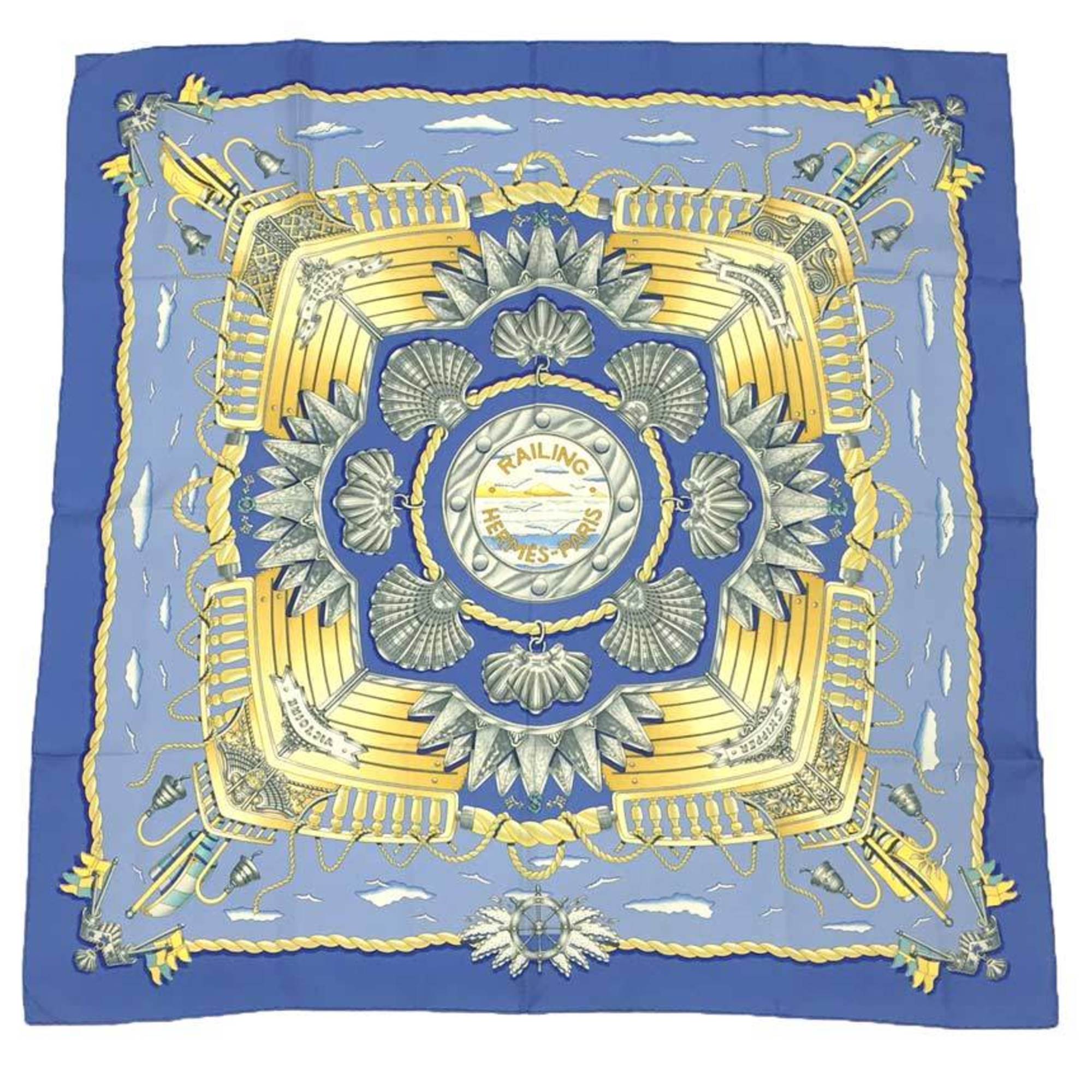HERMES CarrÃ© 90 RAILING Scarf, Ship’s Railing, Blue, 100% Silk