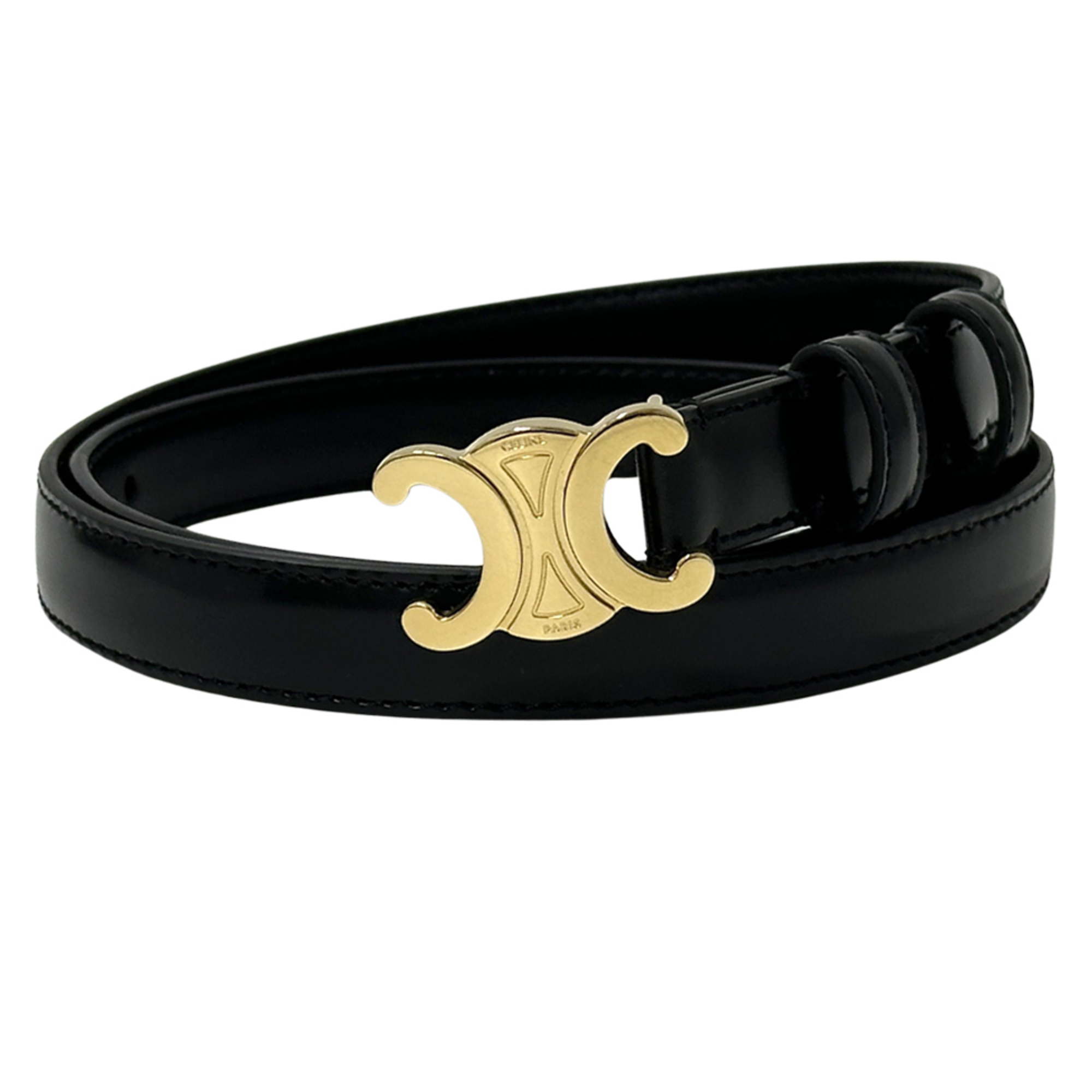 Celine Women’s Triomphe Leather Belt, Small, 18mm, Black and Gold, Thin Waist Belt