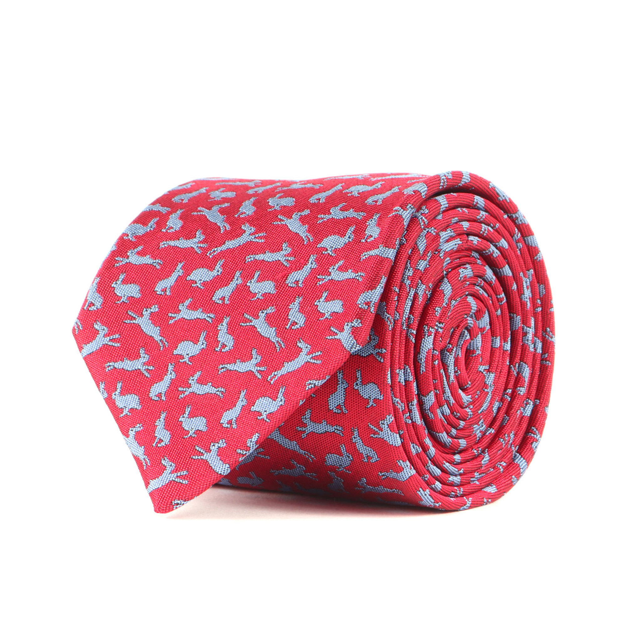 HERMES Rabbit Monogram Silk Tie 339341T 3D Grass Design Red and Light Blue Men’s Like New K4615