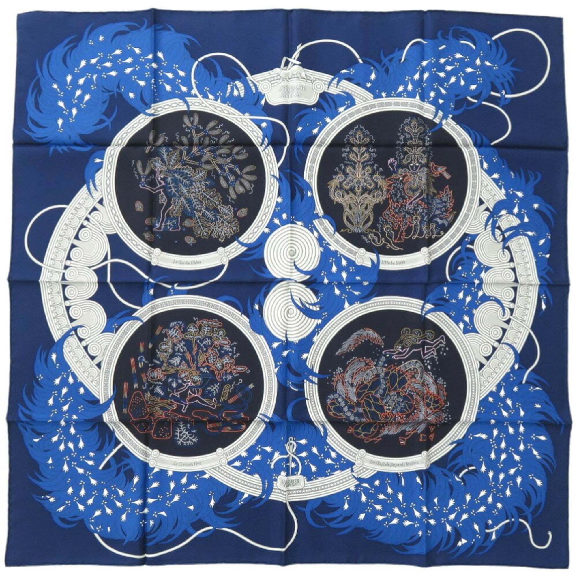 Hermes CarrÃ© 90 LEGENDE BRODEE Embroidered Legend Silk Blue Scarf Muffler 0227HERMES
