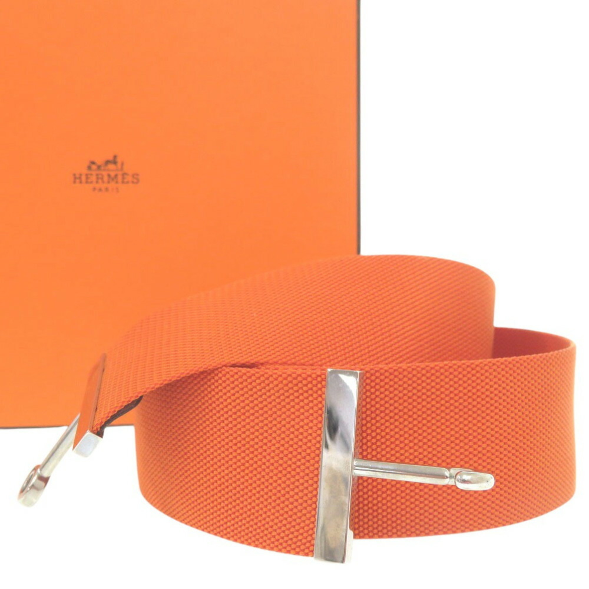 Hermes Hook Belt Waist Nylon Metal Orange I Stamp 0566HERMES