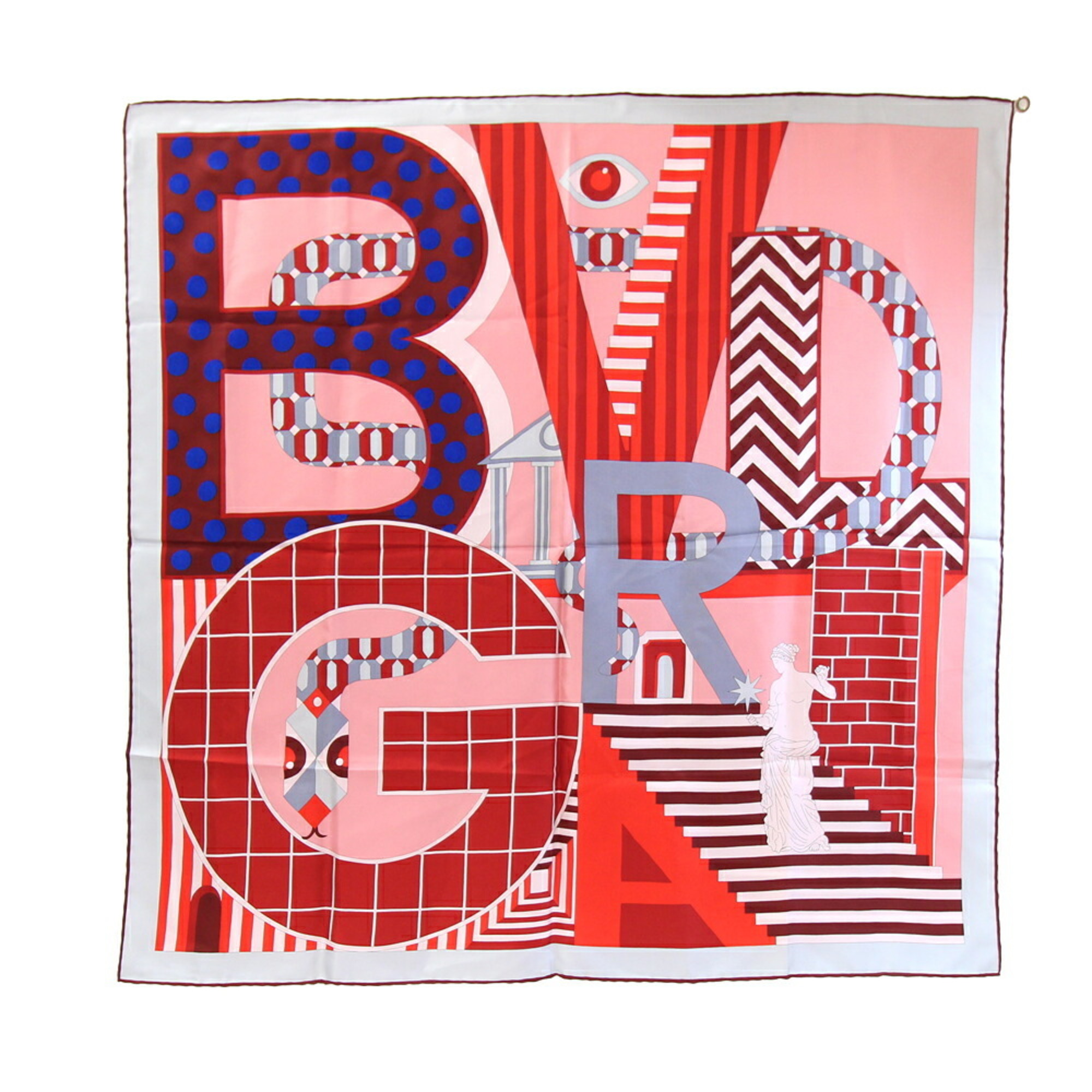 BVLGARI Scarf, Gray/Red, 100% Silk, Large Stole, Women’s