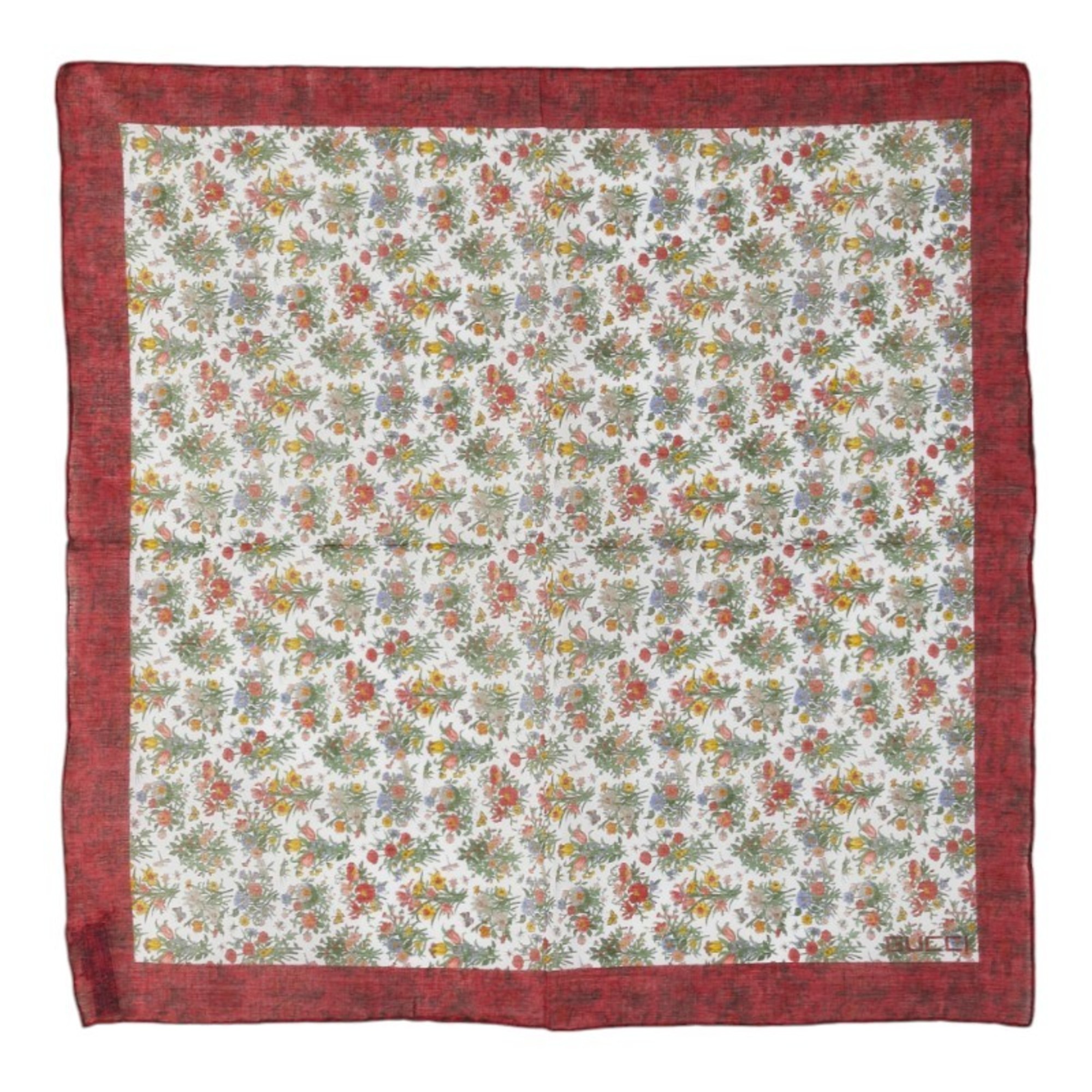 Gucci floral botanical print scarf/muffler/handkerchief in red and multicolored cotton for women.